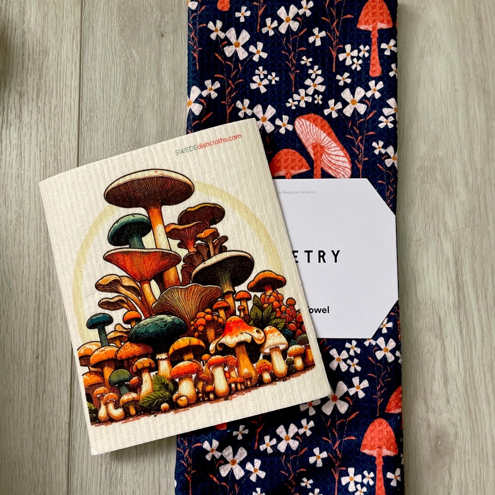 Kitchen Towel and Swedish Dish Cloth Mushroom Themed